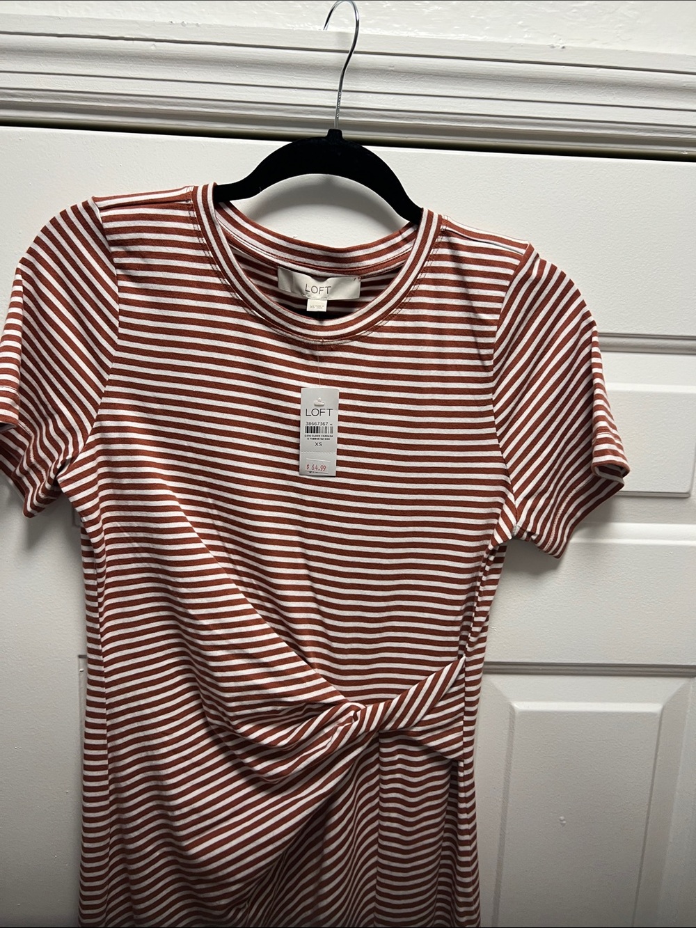 LOFT Rust and White Striped Knot-Front Midi Dress